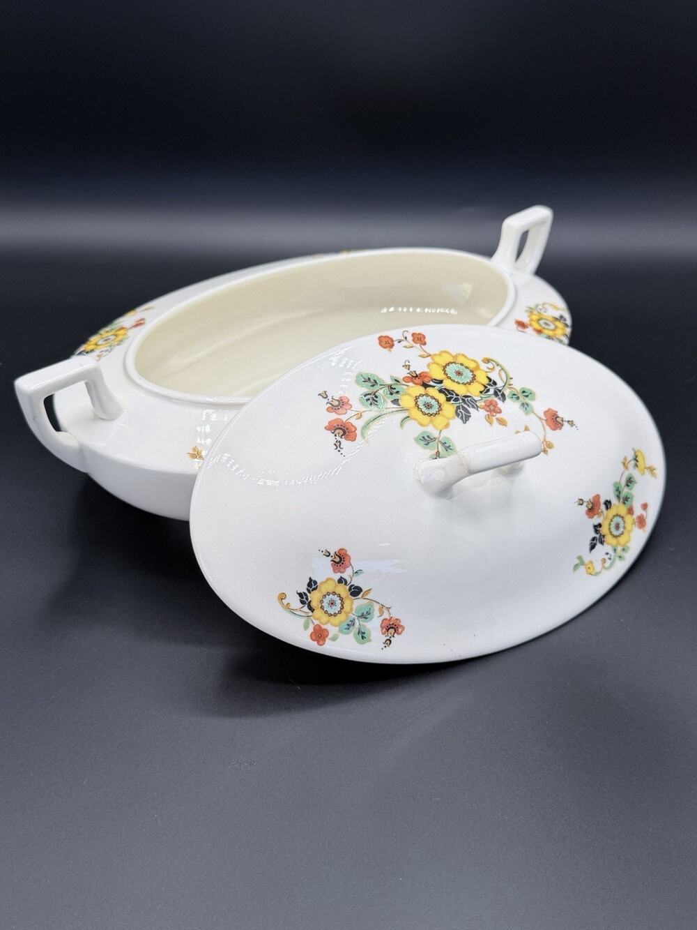 Antique 1920s Edwin M. Knowles Ivory Floral Covered Round Serving Bowl